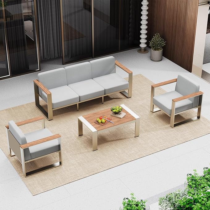 Outdoor Patio Furniture Set, 4 Piece Aluminum Patio Furniture Set with Wide Outdoor Seating and Thick Cushions, Modern Outdoor Patio Conversation Sets for Deck, Porch (Teak-Gray)