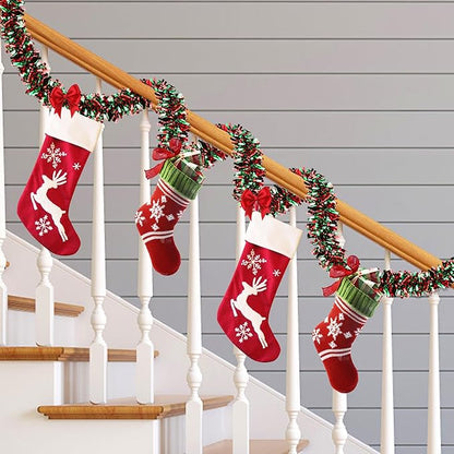 50 Feet Christmas Tinsel Garland for Christmas Tree Decorations, Red Green Metallic Twist Shiny Hanging Xmas Garlands for Stairs Mantle Fireplace Home Indoor Outdoor Holiday Party Suppliers Decor