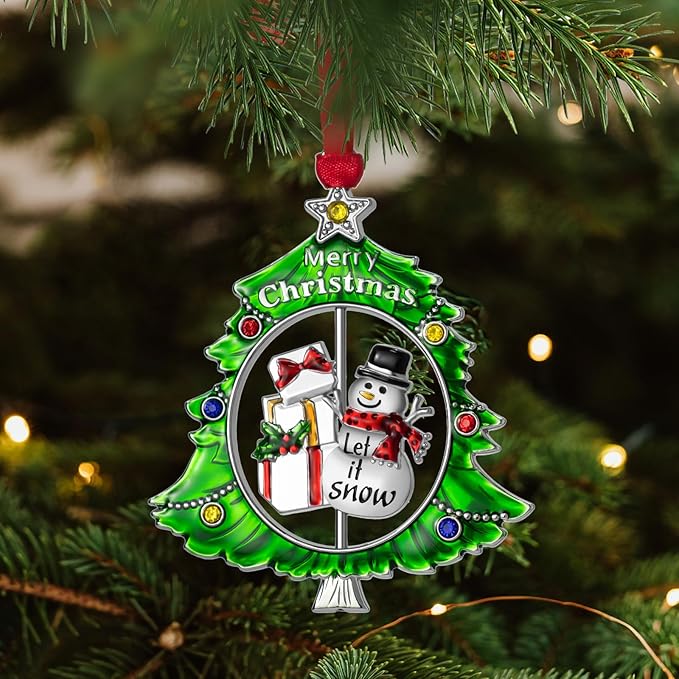 Christmas Tree Ornament Metal Silver Hanging Rotatable Design Charm Holiday Decorative Pendant Gift Keepsake (Snowman 2025)