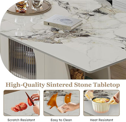 Montary 63" Modern Dining Table for 4-6 People, Kitchen Table with Storage Shelf & Acrylic Door Cabinet, Sintered Stone Tabletop with Golden Solid Wood Base, Perfect for Apartments and Home Use