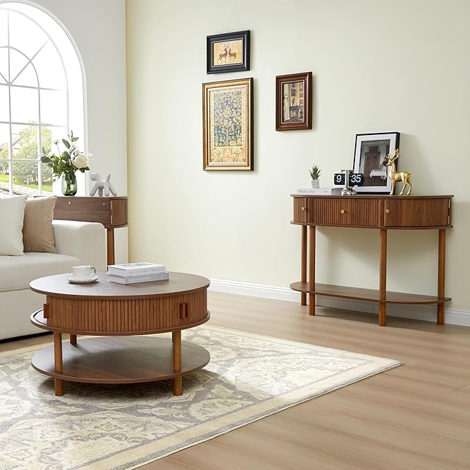 31.5” Round Coffee Table with Storage, Mid Century Modern 2 Tier Coffee Table with Tambour Sliding Door, Solid Wood Legs Fluted Center Table for Living Room Home Office Small Space, Walnut