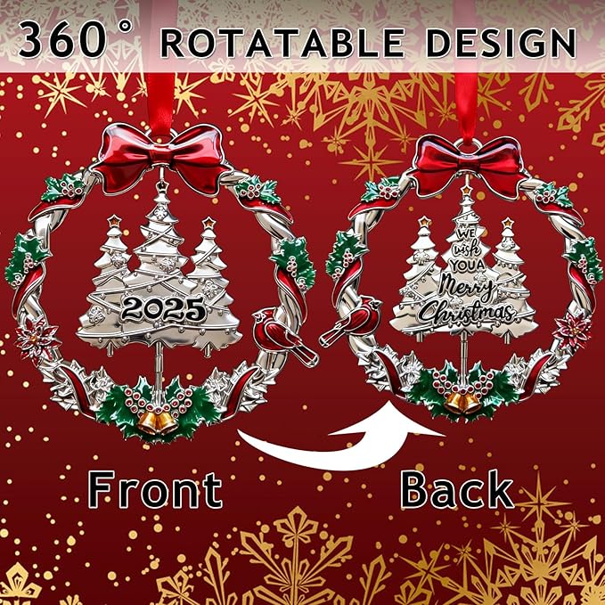 Christmas Decorations 2025 Christmas Wreath Ornament with Rotatable Xmas Tree Metal DIY Hanging Craft Collectibles for Holiday Home Party Decor Keepsake Gifts