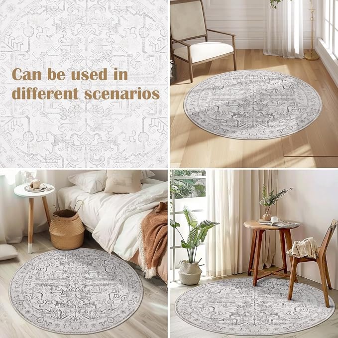 jinchan Vintage Floral Washable Round Rug 5ft Non-Slip Carpet, Taupe