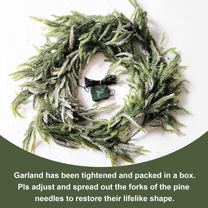9FT Christmas Garlands Norfolk Pine Garland, Real Touch Artificial Winter Pine Garland, Green Artificial Greenery Garlands with Snowflake for Wall, Mantle, Table, Indoor, Outdoor Christmas Decorations