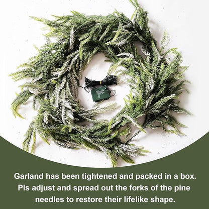 9FT Christmas Garlands Norfolk Pine Garland, Real Touch Artificial Winter Pine Garland, Green Artificial Greenery Garlands with Snowflake for Wall, Mantle, Table, Indoor, Outdoor Christmas Decorations