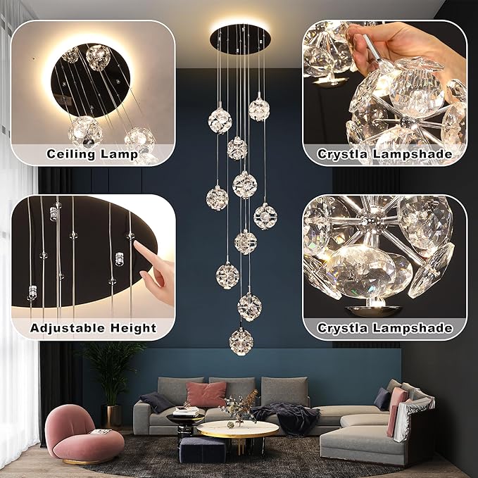 10-Light High Ceilings Long Chandeliers Modern Crystal Staircase Chandelier Hanging Lighting Fixtures for Spiral Staircase,Foyer,Entryway