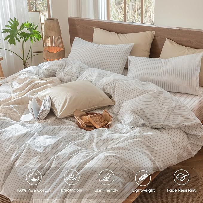 MooMee Striped Duvet Cover Set 100% Washed Cotton Linen Like Textured Breathable Durable Soft Comfy (White Cornflower Blue Wide Stripes, Super Queen 90"x98")