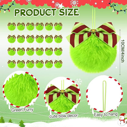 Norme 24-Pack Lime Green Furry Christmas Balls with Bow, 4" Soft Faux Fur Plush Pom Pom Ball Ornaments for Christmas Tree Hanging Decorations Party Fireplace Mantel Wall Decor(Stripe)