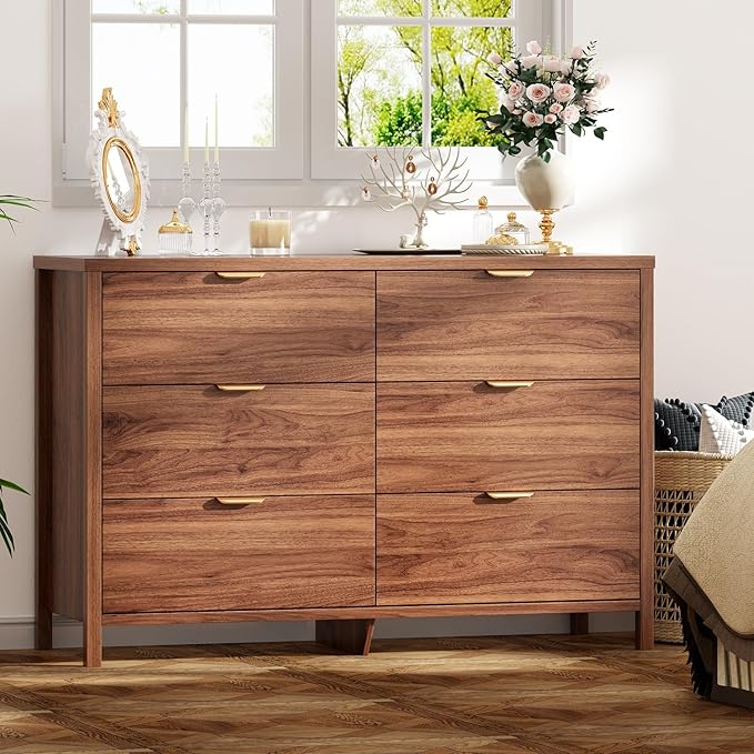 Fluted Dresser for Bedroom with 6 Drawers, 47.2" Modern Chest of Drawers, Dresser TV Stand, Wood Drawer Organizer for Living Room, Hallway, Brown