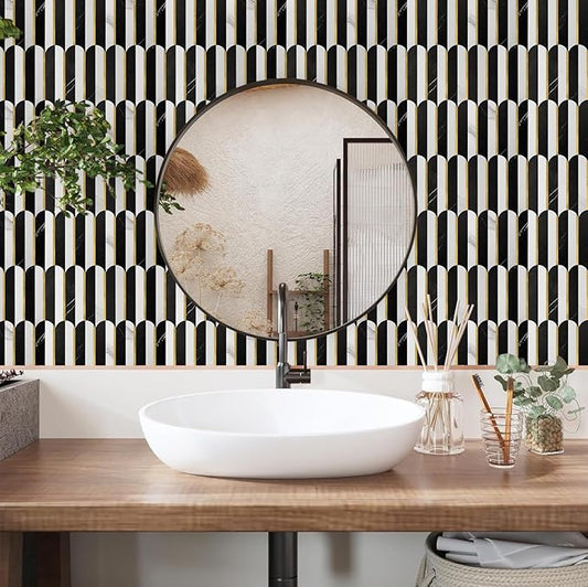 Vamos Tile Peel and Stick Backsplash Seamless Tile,Stick on Backsplash for Kitchen and Bathroom,Marble Look PVC Mixed Metal Gold Self Adhesive Metal Mosaic Tiles (10 Sheets)