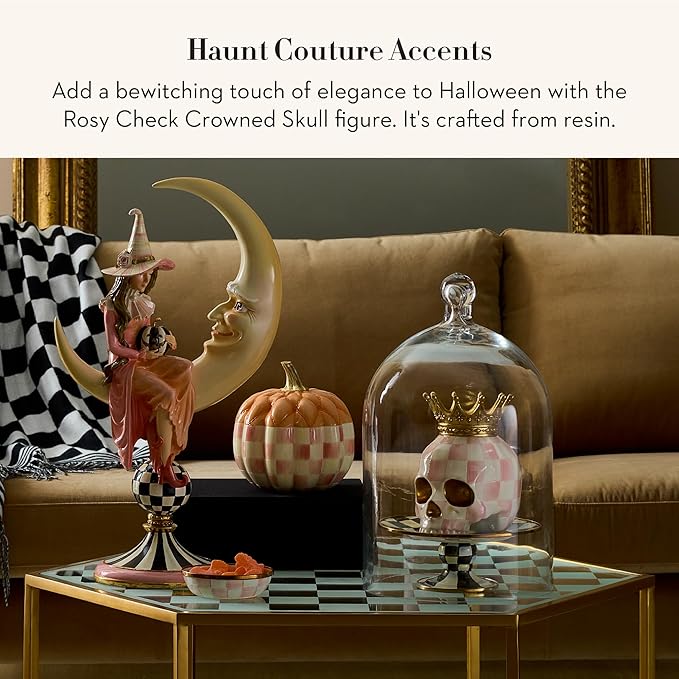 MACKENZIE-CHILDS Crowned Skull, Resin Halloween Home Decor, Pink-and-White Rosy Check