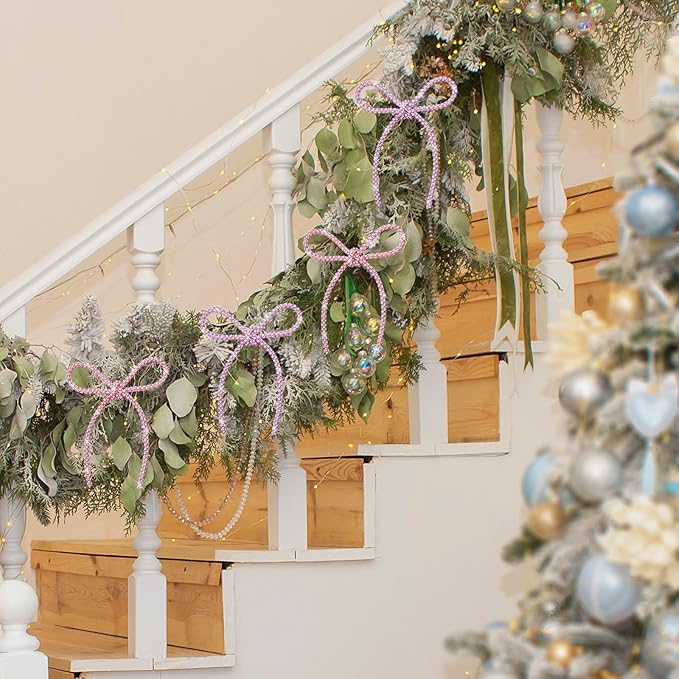 FLAIR GIFTS 6 Pcs 4.3" x 6" 2025 Christmas Bows for Tree Decor, Mix Pink Sparkly Glitter Rhinestone Bow Ornaments with Twist Tie for Xmas Decoration, Wreath, Garland, Gift Wrapping