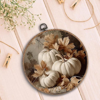 Hxlac Vintage Fall Pumpkin Maple Leaves Round Wall Art Framed, Fall Halloween Round Wall Decor, Vintage Autumn Hanging Canvas Prints Wall Sculptures for Farmhouse Home Living Room Decor, 10x10 Inch