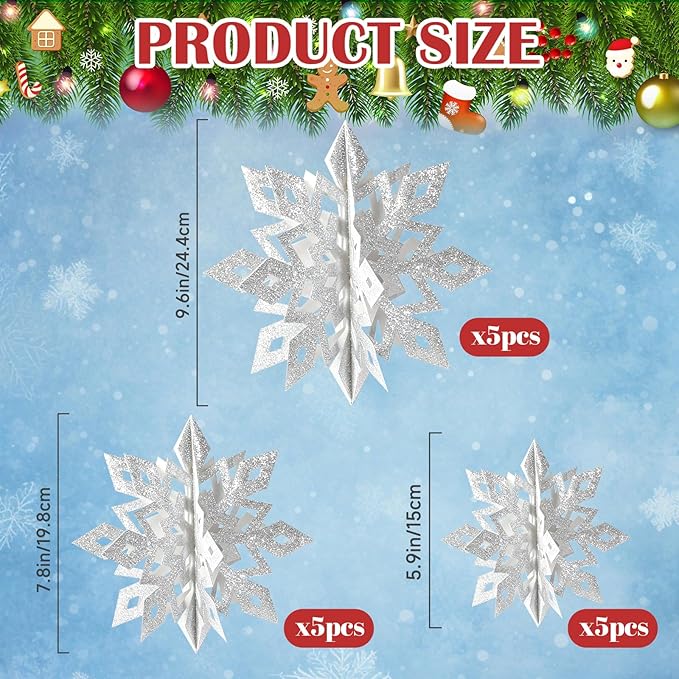 GuassLee Christmas Hanging Snowflakes Decorations, 15pcs 3D Paper Snowflakes Hanging Ornaments Glitter Silver Snowflake Garlands for Winter Wonderland Frozen Christmas Birthday Party Decorations