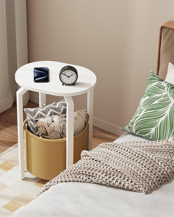 TUTOTAK Small Side Table, Oval End Table, Night Stand, Bedside Table, Sofa Table with Storage Basket, Living Room, Bed Room, White and Beige TB01BWN093