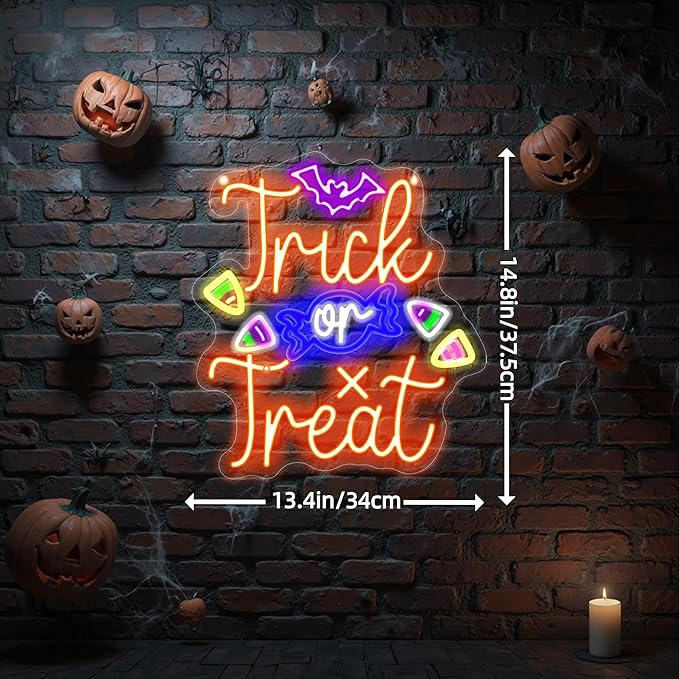 Trick or Treat Neon Sign, Halloween Decorations, Night Light for Yard Garden Party Event Decor, Halloween Hanging Neon Sign for Home Bar Salon Coffee Stores Window Porch Front Door Halloween Decoration
