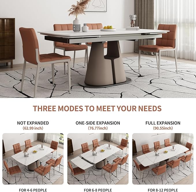 Modern Dining Table, Seats 8-10, Extendable Sintered Stone Dining Table, White Top, Saddle Leather Pedestal Table, 90 in.