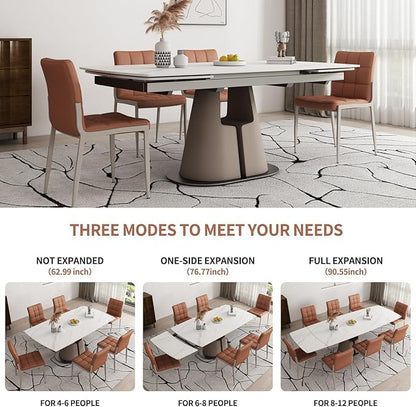 Modern Dining Table, Seats 8-10, Extendable Sintered Stone Dining Table, White Top, Saddle Leather Pedestal Table, 90 in.