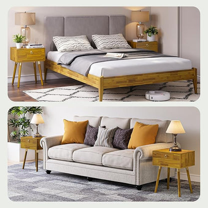 Bme Alden Wood Nightstand, Solid Wood End Table, Mid Century Modern Nightstand, Side Table with 1 Drawer, Compact for Bedroom, Living Room & Study Room, Easy Assembly, Honeyed Wood