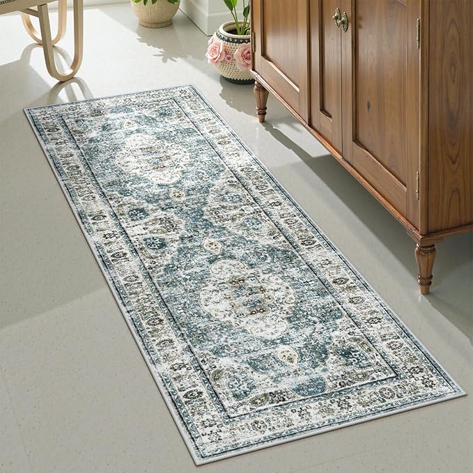Uphome Bathroom Rugs Runner, Distressed Farmhouse Boho Blue Bath Mat, Non Slip Washable Long Bath Rugs, Vintage Traditonal Soft Velvet Bathroom Runner for Bathtub Sink Shower, 20x60 inch