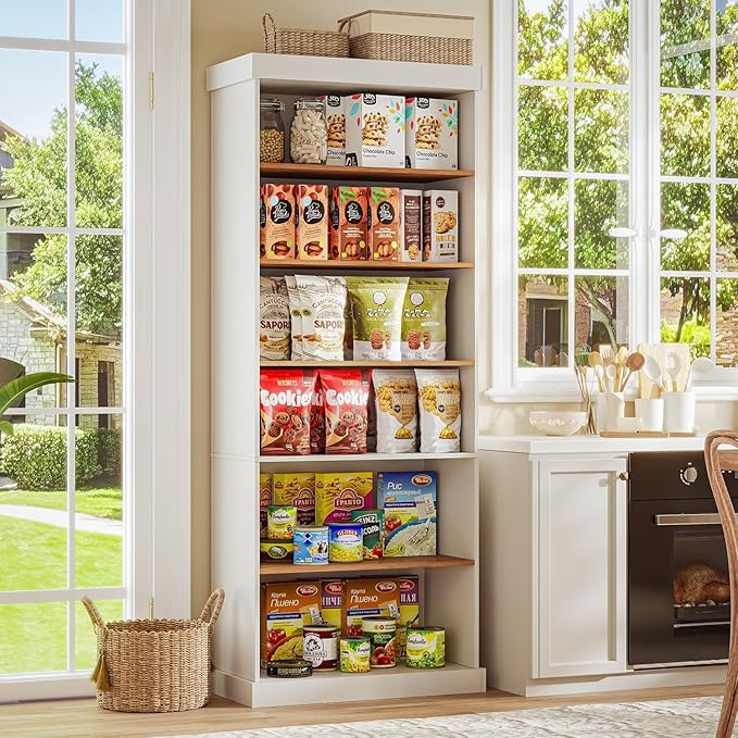 Vyre 70.8" Tall White Bookshelf, Farmhouse Modular Bookcase with 6-Tier Adjustable Shelves, Large Storage Cabinet for Home Office, Living Room, Set of 2