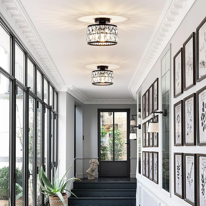 Crystal Ceiling Light Fixture, Modern Semi Flush Mount Ceiling Light,Crystal for Kitchen Bedroom Bathroom Entryway, Black Finish