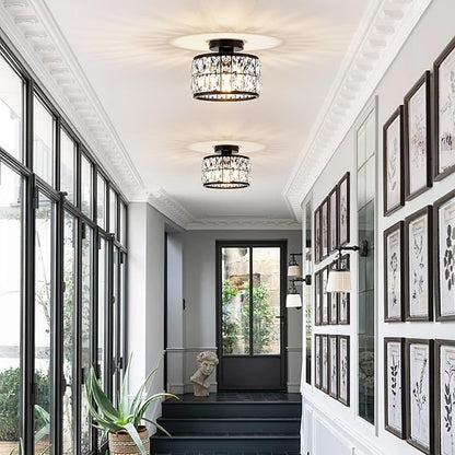 Crystal Ceiling Light Fixture, Modern Semi Flush Mount Ceiling Light,Crystal for Kitchen Bedroom Bathroom Entryway, Black Finish