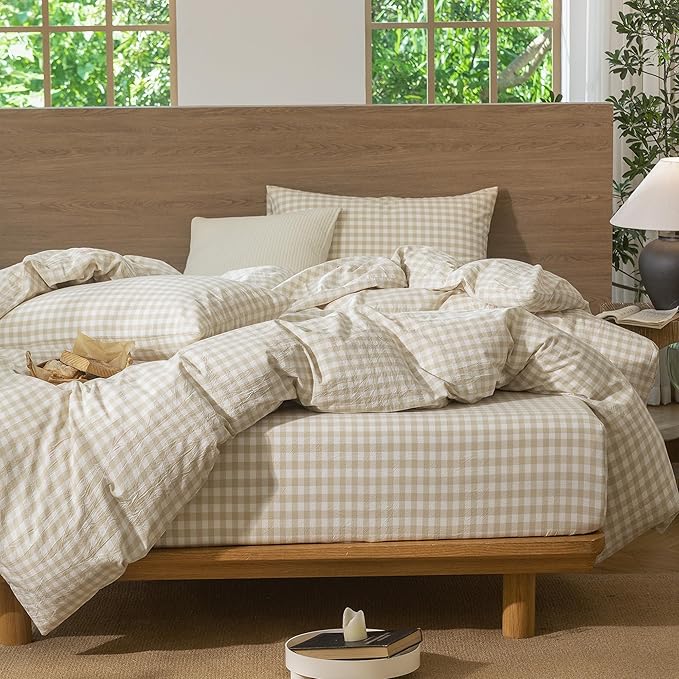 MooMee Gingham Duvet Cover Set 100% Washed Cotton Linen Like Textured Breathable Durable Soft Comfy Modern Checkered Design (Almond Milk Grey Gingham, Super Queen 90"x98")