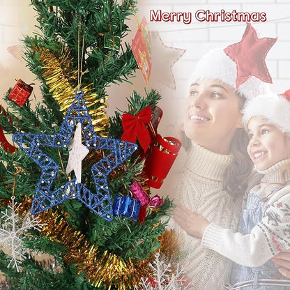 Set of 3 Star Christmas Hanging Ornaments, Glitter Star for Holiday Decorations, Winter Christmas Window Hanging - 6" Diameter (Blue)