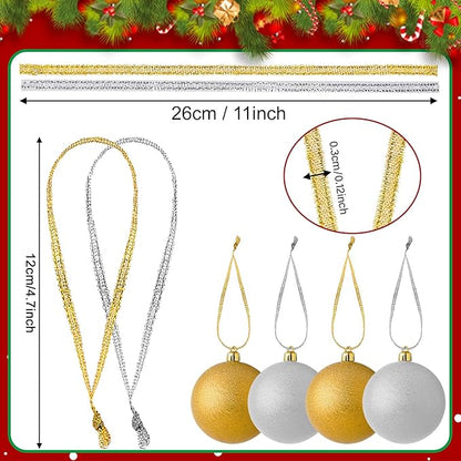 JUNEBRUSHS 300Pcs Christmas Ornament Ribbon Hangers, Hand Tied Christmas Ornament String Ties Loops Thin Ribbon for Ornaments Christmas Tree Hanging Decoration Gold Silver