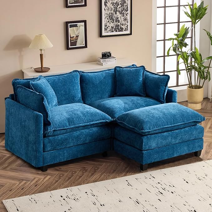 SoarFlash Chenille 71.6" Sectional Sofa, Comfy L Shaped Modular Coush Sofa with Ottoman, Modern 2 Seat Couch Deep Seat Sofa Set for Living Room,Blue