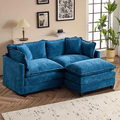 SoarFlash Chenille 71.6" Sectional Sofa, Comfy L Shaped Modular Coush Sofa with Ottoman, Modern 2 Seat Couch Deep Seat Sofa Set for Living Room,Blue