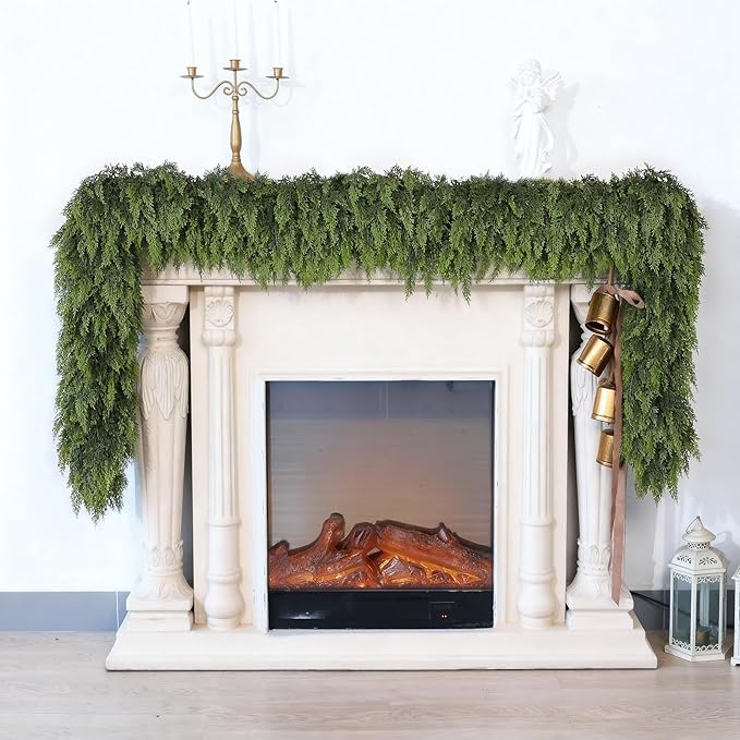 Guirnalda de cedro de 9 pies para chimenea, Christmas guirnalda de Navidad artificial gruesa y exuberante realista de cedro sintético para mesa, ventana, escaleras, manta, decoración interior y exterior (1
