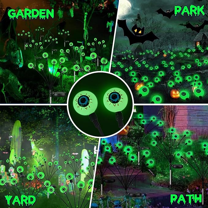 4 Pack Solar Halloween Lights Outdoor, Solar Eyeball Lights, 24 LED Green Eyeball Swaying Light with 2 Lighting Modes, Waterproof Outdoor Halloween Decorations for Walkway Yard Lawn Horror Party