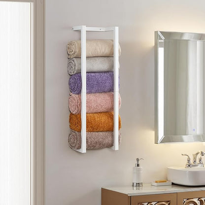 Towel Rack for Rolled Towels, Towel Rack for Bathroom,Wall Mounted Metal Bathroom Organizer, Bath Towel Holder Wall for Modern Small Space Bathroom Towel Storage (White)