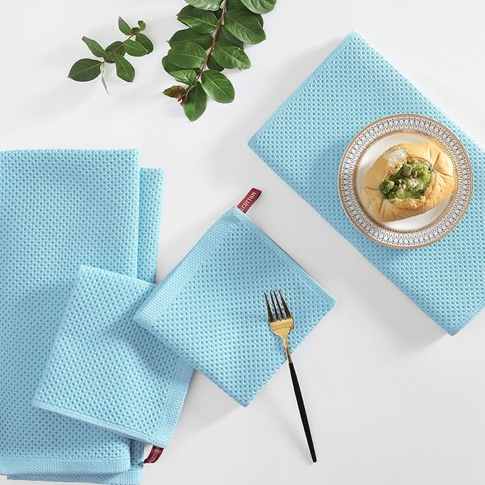 Homaxy 100% Cotton Kitchen Towels and Dishcloths Set, 12 x 12 Inches and 13 x 28 Inches, Set of 12 Bulk Kitchen Towels Set, Ultra Soft Absorbent Dish Cloths for Washing Dishes, Sky Blue