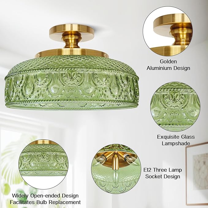 Lamomo Semi Flush Mount Ceiling Light, Upgraded Larger Green Hallway Light Fixture, 3-Bulb Globe Glass Close to Ceiling Scone, Indoor Hanging Light for Bedroom Kitchen Porch Hallway,Bulbs Not Included