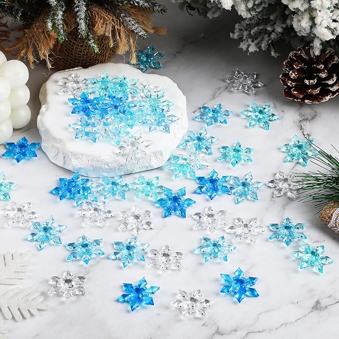 120Pcs Winter Acrylic Snowflake Ornaments 3D Blue Translucent Snowflake Crystals Gems Christmas Xmas Pendant Beads DIY Crafts for Vase Filler, Party Wedding Arts Crafts Decoration