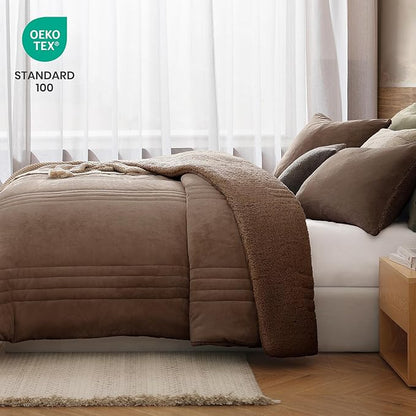 Monbix Fluffy King Size Comforter Set Brown, Sherpa Plush Fuzzy Comforter 3 Piece for King Size Bed, Luxury Soft Winter Warm Bedding Set