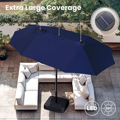 PHI VILLA 15ft Large Patio Umbrella with Solar Lights, Double-Sided Outdoor Market Rectangle Umbrellas with 36 LED Lights, Umbrella Base (Stand) Included, Navy Blue