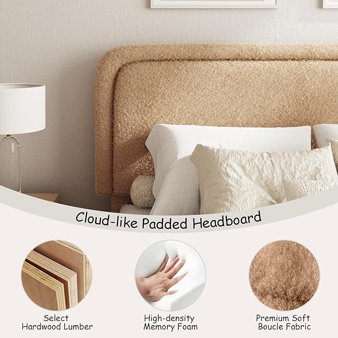 King Size Boucle Bed Frame, Cloud Upholstered Platform Bed with Height Adjustable Headboard & Soft Rounded Corners, Easy Assembly, No Box Spring Needed, Noise Free, Camel
