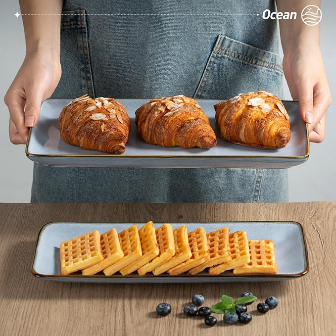 famiware Serving Platter, Rectangular 15.67/14.1/12.6inch Serving Dishes for Entertaining, Reactive Glaze, Stoneware for Party, Food, Turkey, Snack, Cheese, Ocean Series, Blue