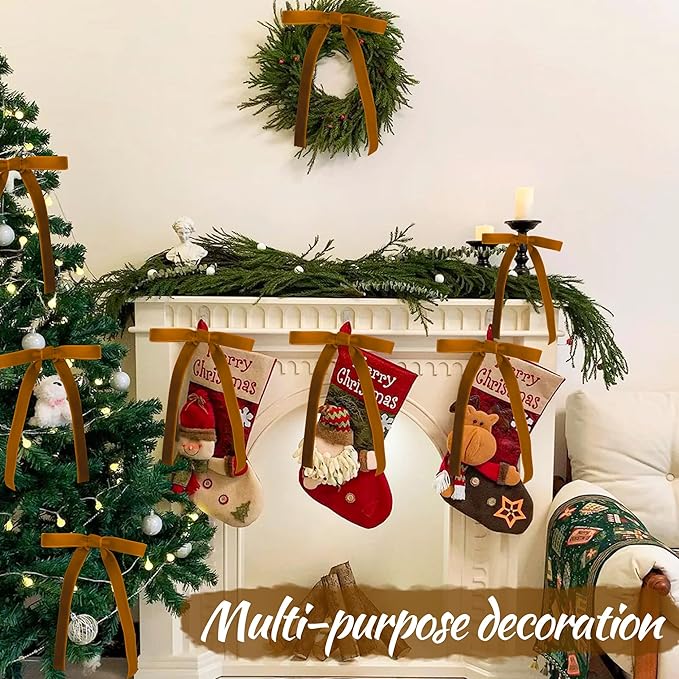 AYGXU 30pcs Velvet Bows for Christmas Tree Decorations,Twist tie Bows,Vintage Christmas Bow Decor,premade Bow for Gift Wrapping,Table,Garland,Fireplace Decor.Brown(5/8" W,5.1 * 7in)