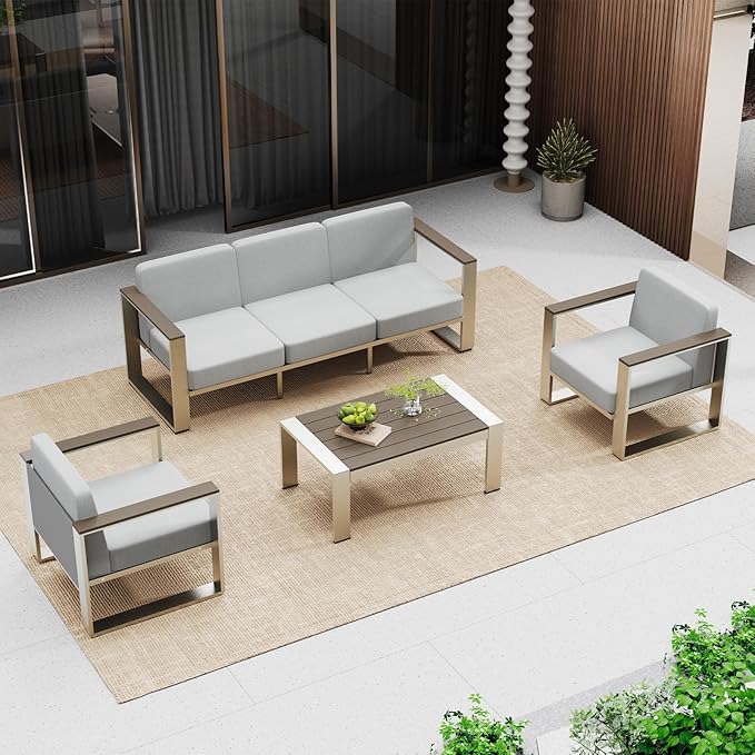 Outdoor Furniture Set, 4 Piece Aluminum Patio Furniture Set with Table, Outdoor Seating and Thick Cushions, Outdoor Patio Conversation Sets for Deck, Porch (LightGray)