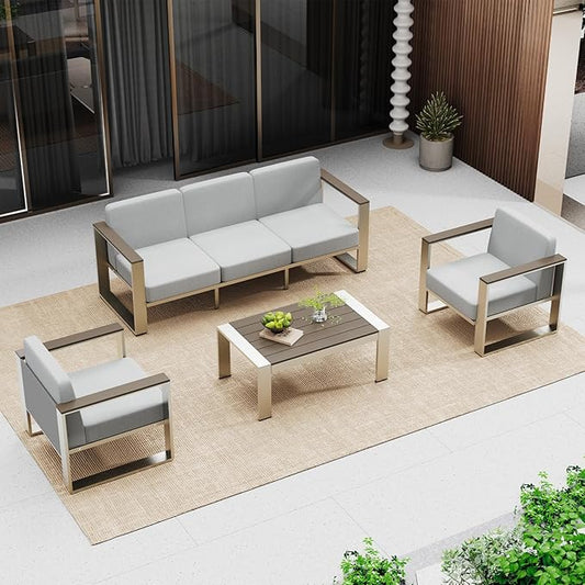 Outdoor Furniture Set, 4 Piece Aluminum Patio Furniture Set with Table, Outdoor Seating and Thick Cushions, Outdoor Patio Conversation Sets for Deck, Porch (LightGray)