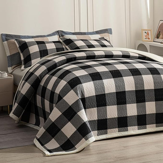 Cotton Plaid Quilt Set Queen 3 Piece Lightweight Reversible Bedding, Grid Black White