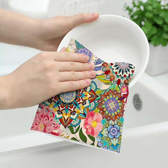 Boho Floral Kitchen Towels Set of 2 Absorbent Colorful Flowers Dish Towels Tabletop Decor Floral