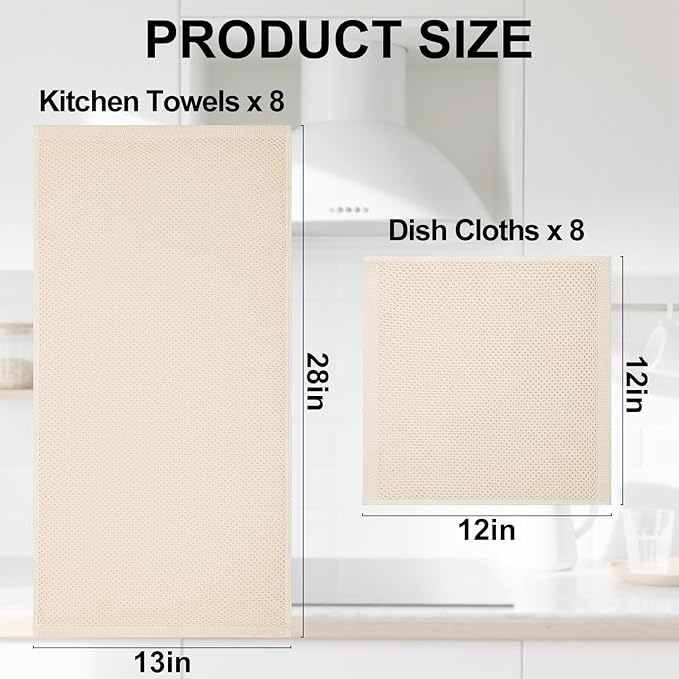 Homaxy 100% Cotton Kitchen Towels and Dishcloths Set, 12 x 12 Inches and 13 x 28 Inches, Set of 16 Bulk Kitchen Towels Set, Ultra Soft Absorbent Dish Cloths for Washing Dishes, Beige