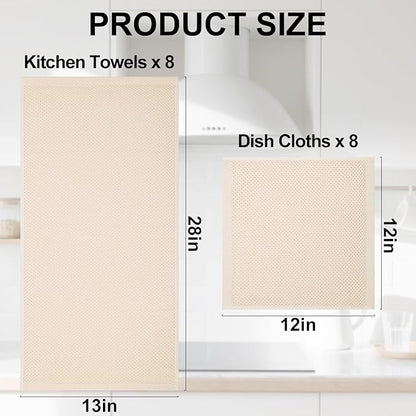Homaxy 100% Cotton Kitchen Towels and Dishcloths Set, 12 x 12 Inches and 13 x 28 Inches, Set of 16 Bulk Kitchen Towels Set, Ultra Soft Absorbent Dish Cloths for Washing Dishes, Beige