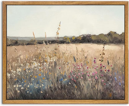 KBKBART Framed Vintage Wall Art Prints, Retro European Country Autumn Wildflower Field Landscape Canvas Painting Farmhouse Decor, Rustic Antique Framed Canvas Wall Art for Bathroom, Bedroom, Living